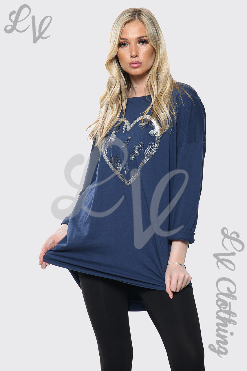 Dames Oversized Top Met Pailletten Hartprint Navy Stukprijs € 15,99