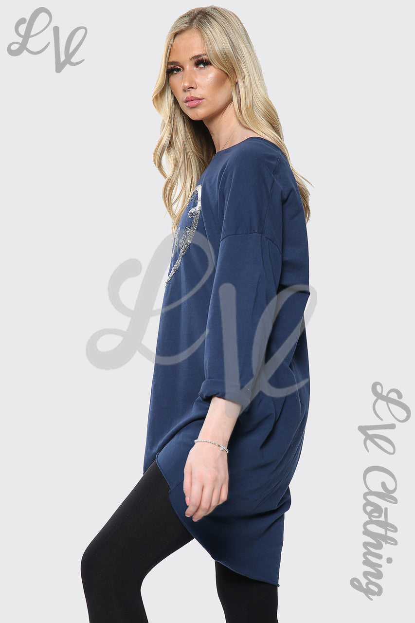 Dames Oversized Top Met Pailletten Hartprint Navy Stukprijs € 15,99