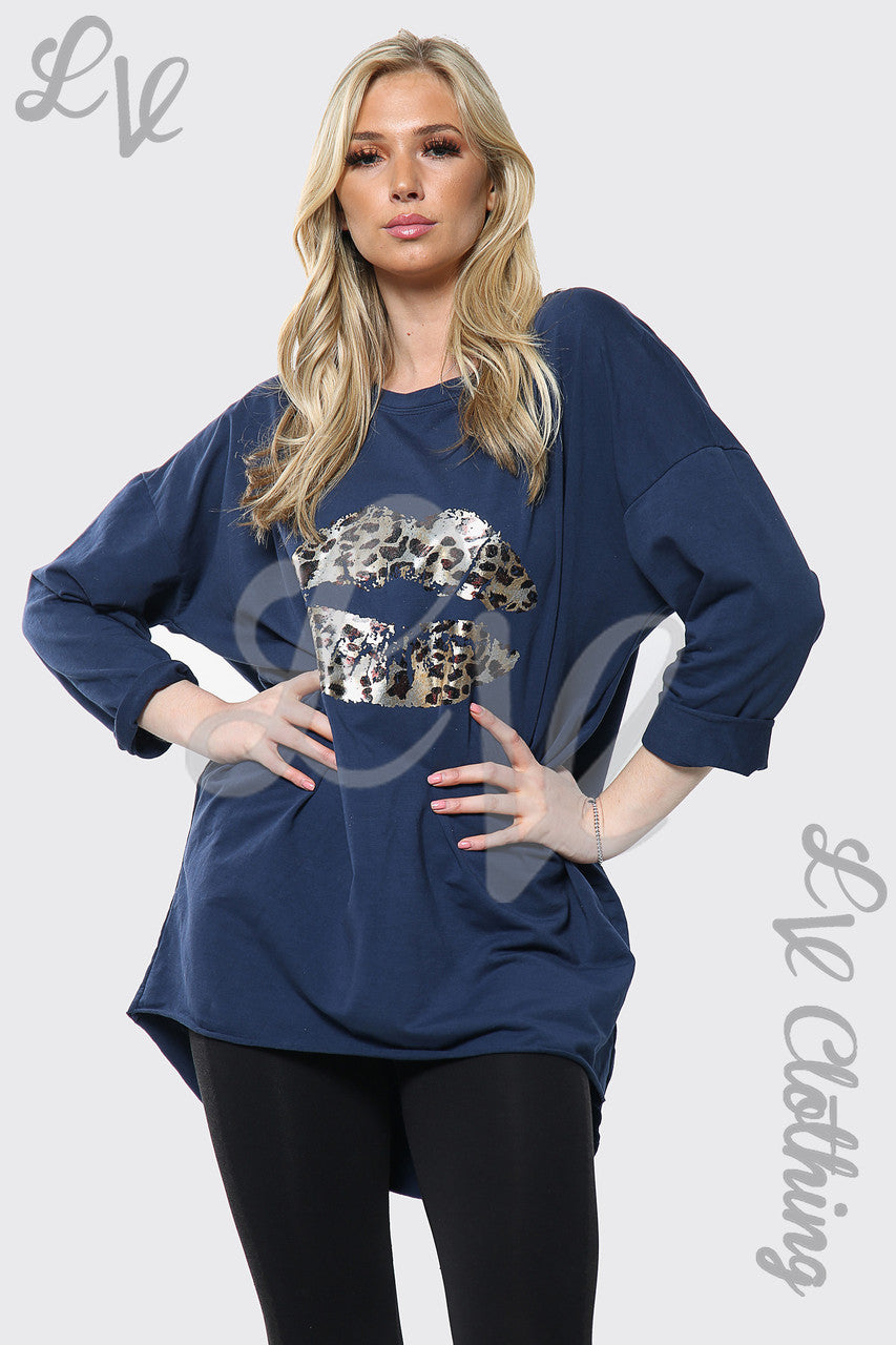 Dames Luipaard Lippen Print Vleermuismouw Oversized Top Marineblauw Stukprijs €14,99