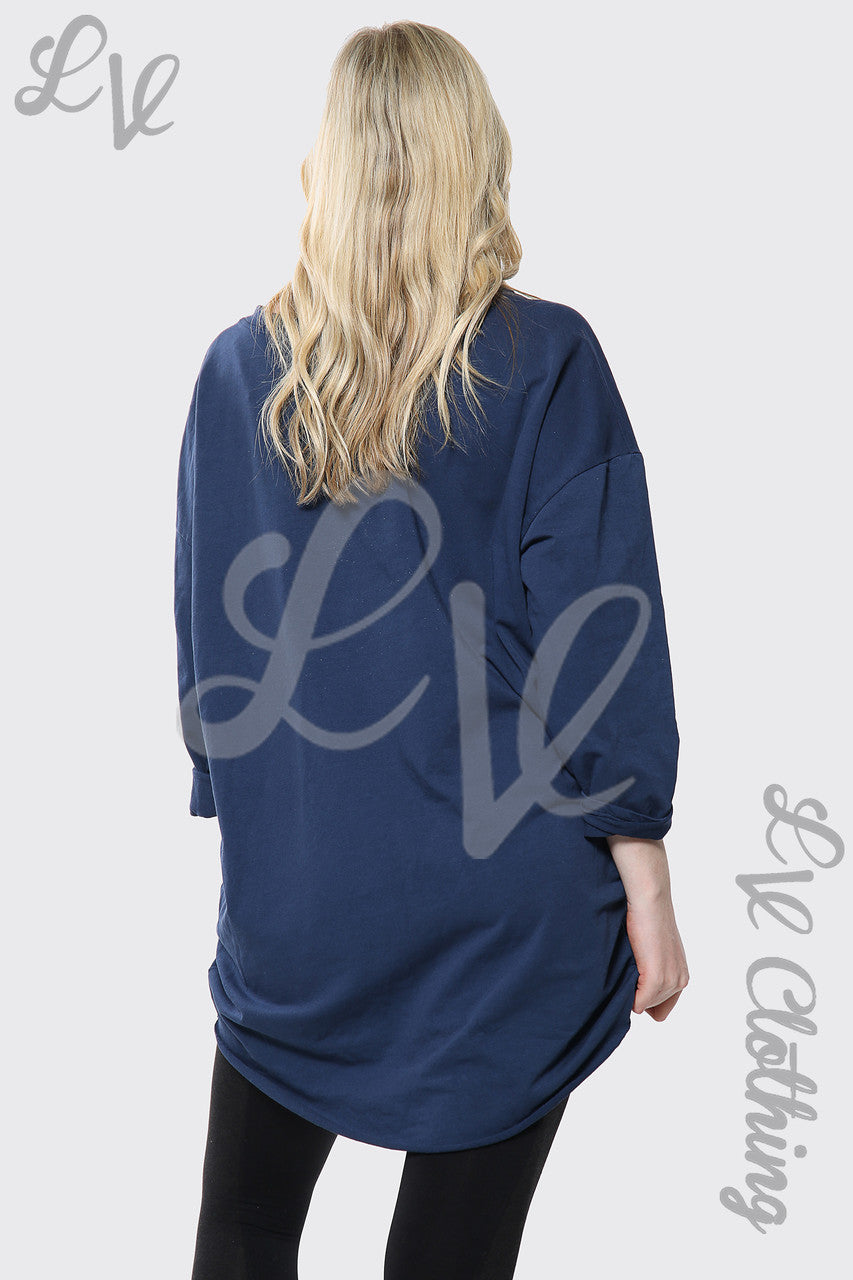 Dames Luipaard Lippen Print Vleermuismouw Oversized Top Marineblauw Stukprijs €14,99