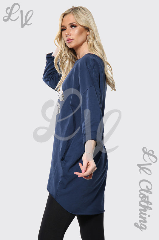 Navy oversized batwing top with leopard lips print, side view