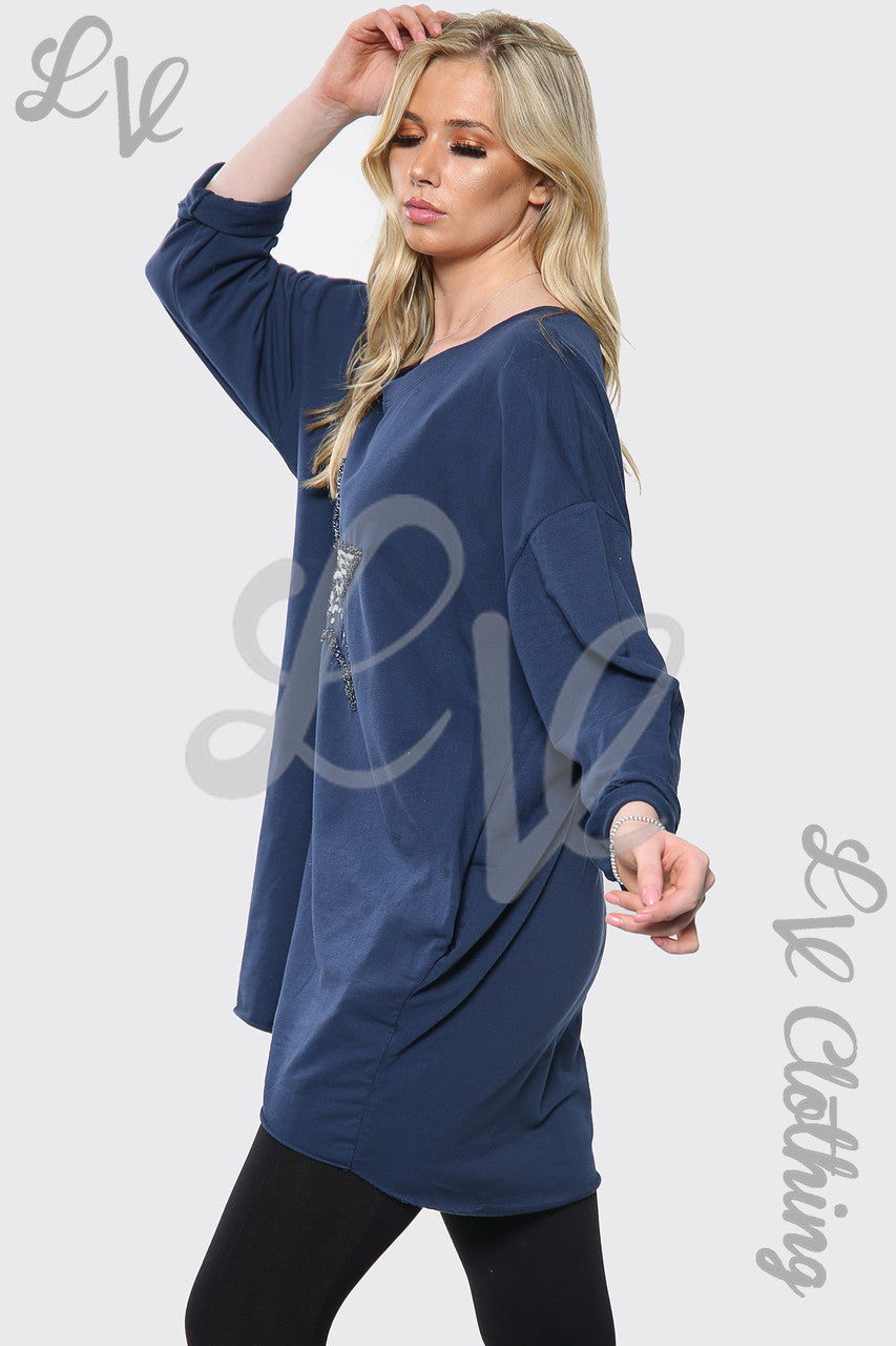 Ladies Silver Sequin Star Print Italian Oversize Top Navy Unit Price £13.99