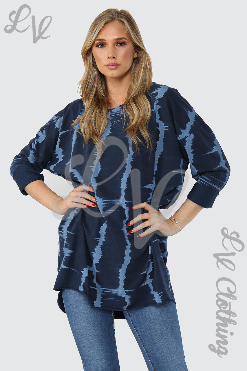 Ladies Tie Dye Print Tunic Top Navy - Unit Price £14.99