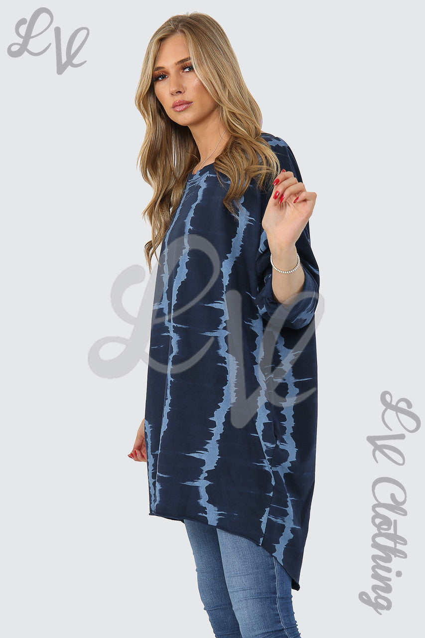 Ladies Tie Dye Print Tunic Top Navy - Unit Price £14.99