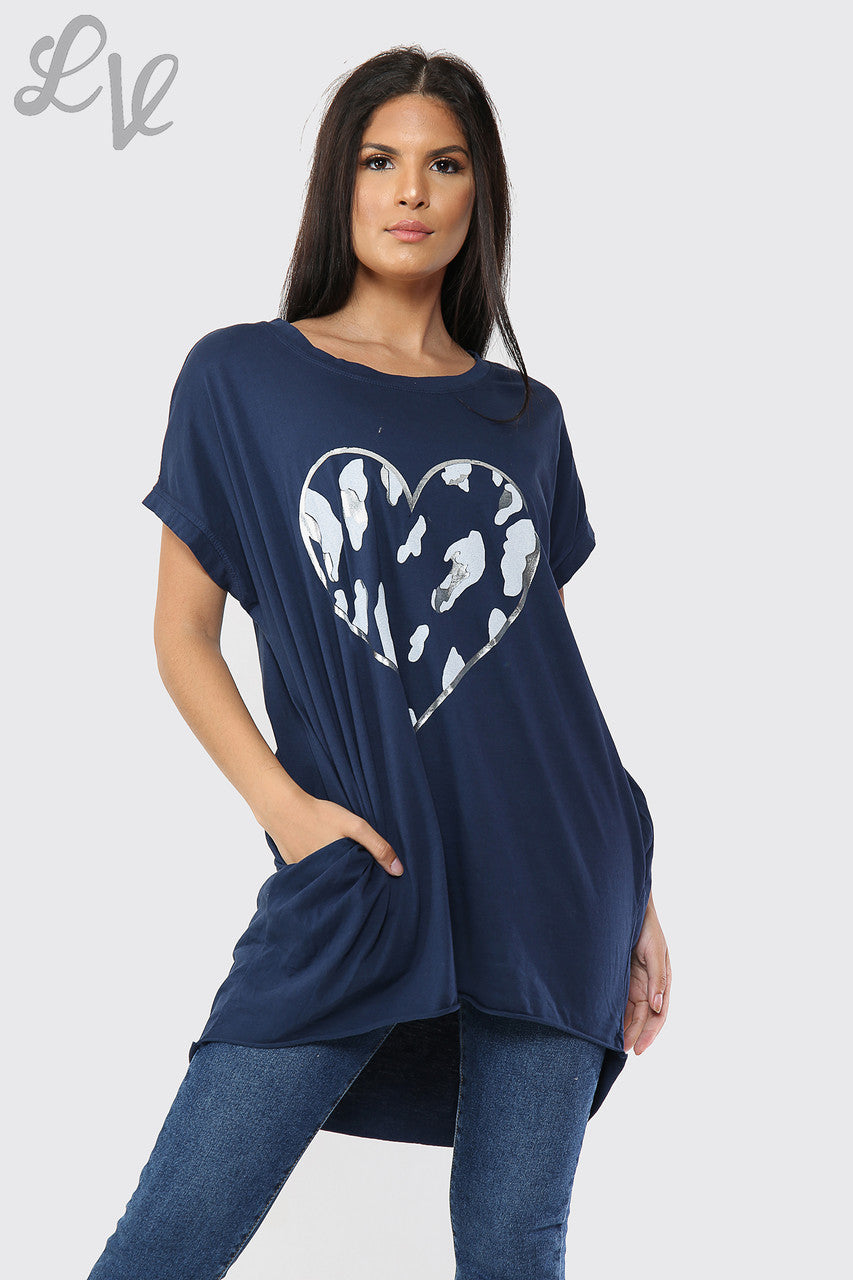 Ladies Foil Heart Graphic Tunic Top Navy - Unit Price £10.99