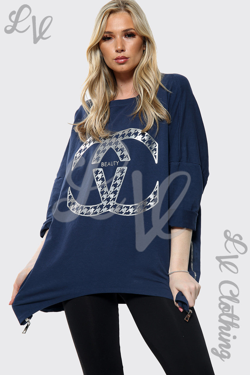 Dames Zilverkleurige CC Print Batwing Oversized Top Navy Stukprijs €15,99