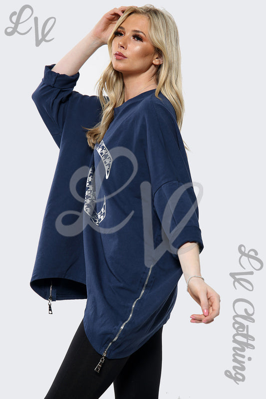 Ladies Silver CC Print Batwing Oversized Top Navy Unit Price £15.99