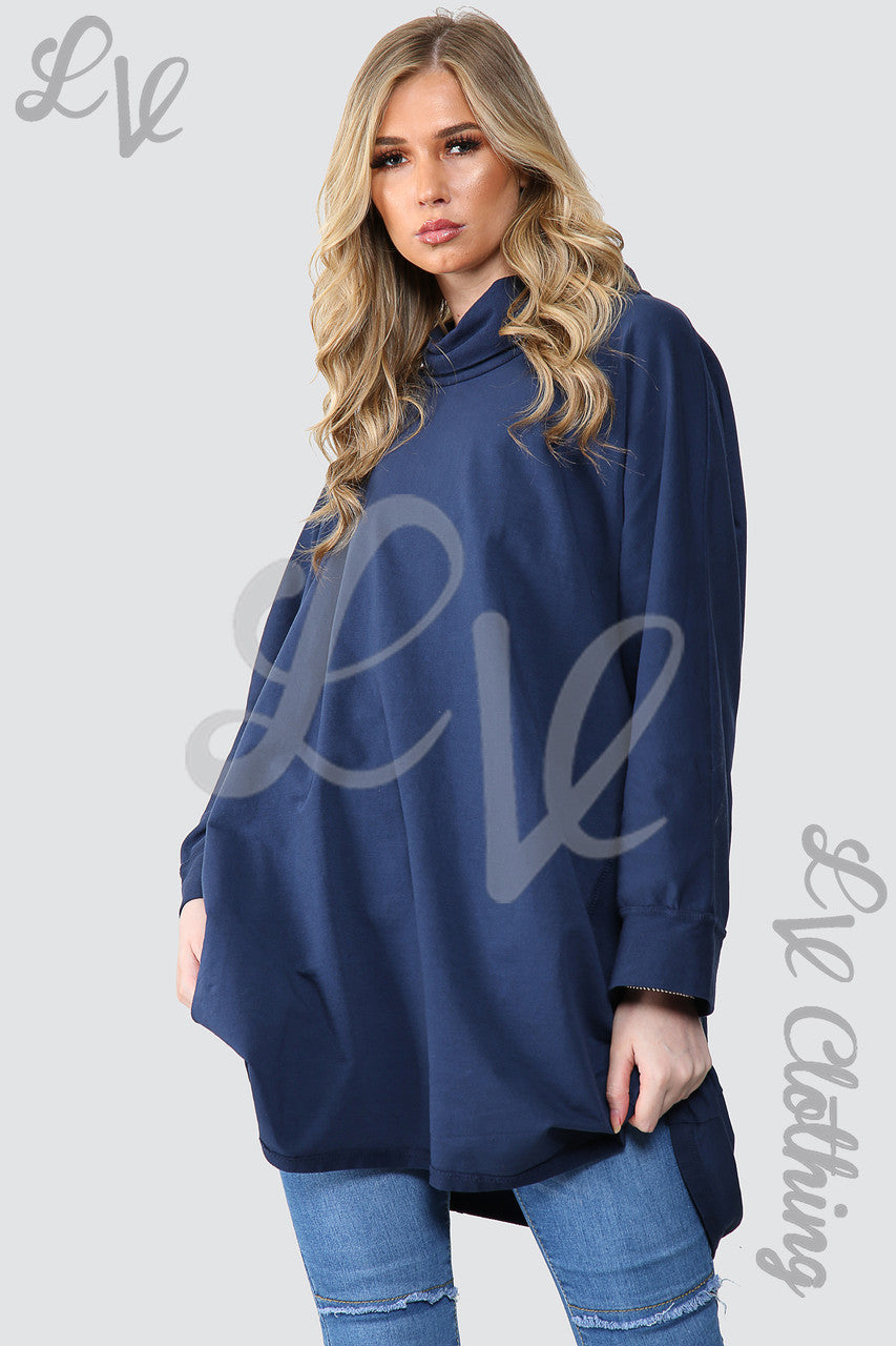 Ladies Plain Cowl Neck Oversized Tunic Top Navy - Unit Price £13.99