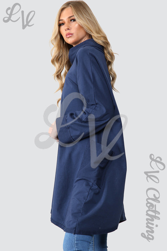 Navy cowl neck oversized tunic top with long sleeves, side view