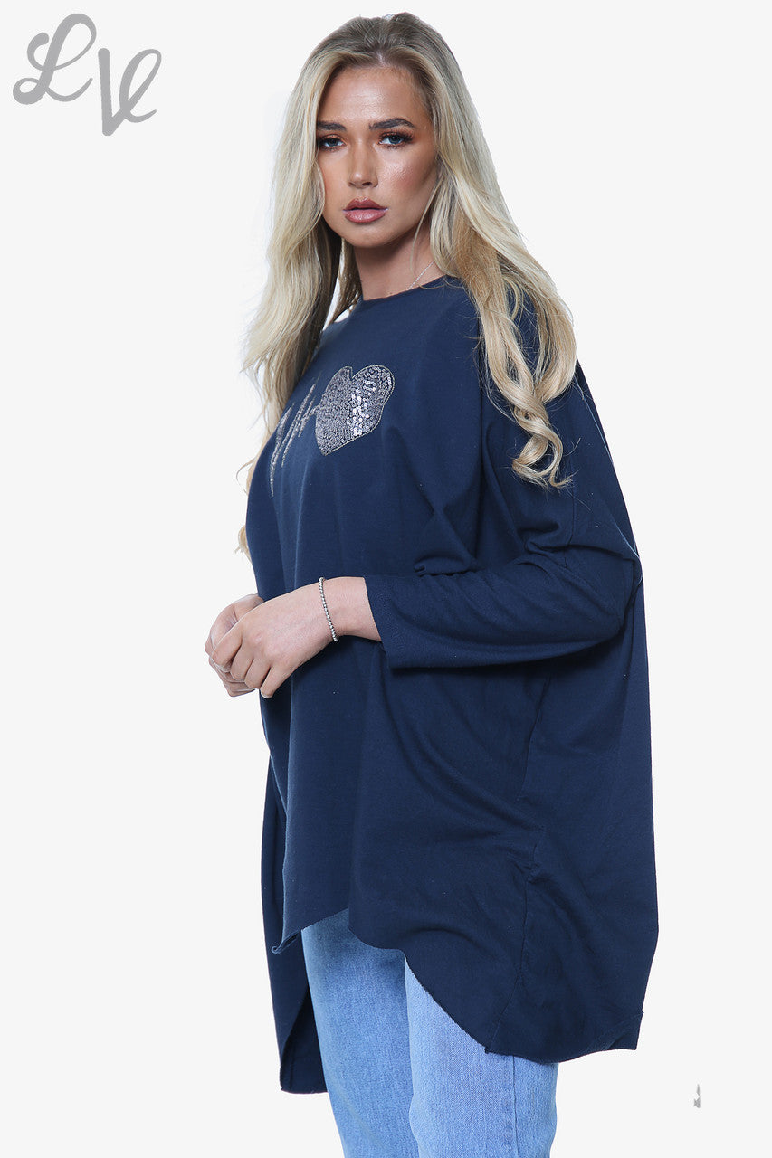 Dames Hartslag Grafisch Sweatshirt Top Marineblauw Stukprijs €13,99