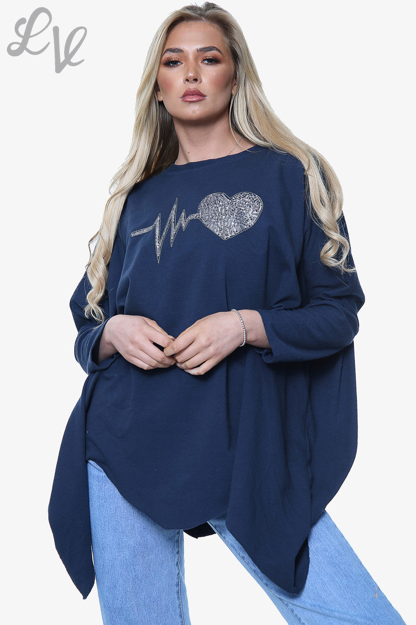 Dames Hartslag Grafisch Sweatshirt Top Marineblauw Stukprijs €13,99