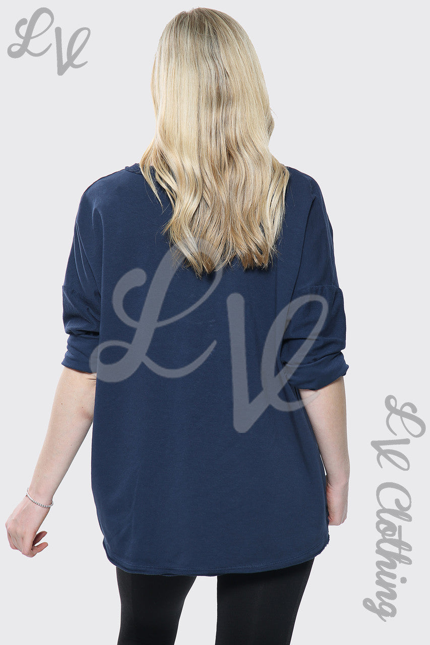 Dames Marineblauwe Italiaanse Top met Zilveren Hartjesprint Prijs WAS €12,99 NU €6,99