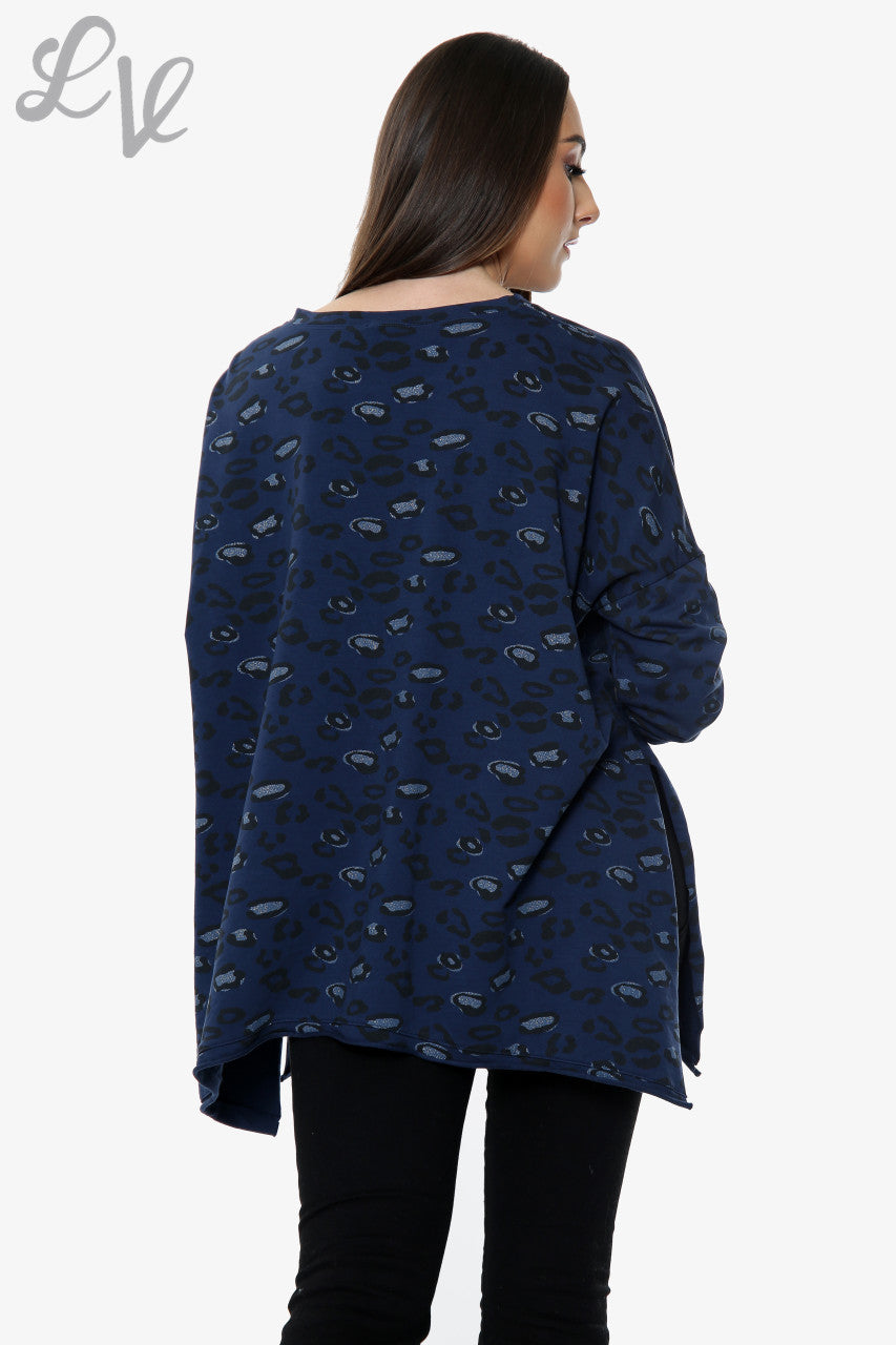 Ladies Leopard Print Drop Back Hem Sweatshirt Navy Unit Price WAS £10.99 NOW £5.49