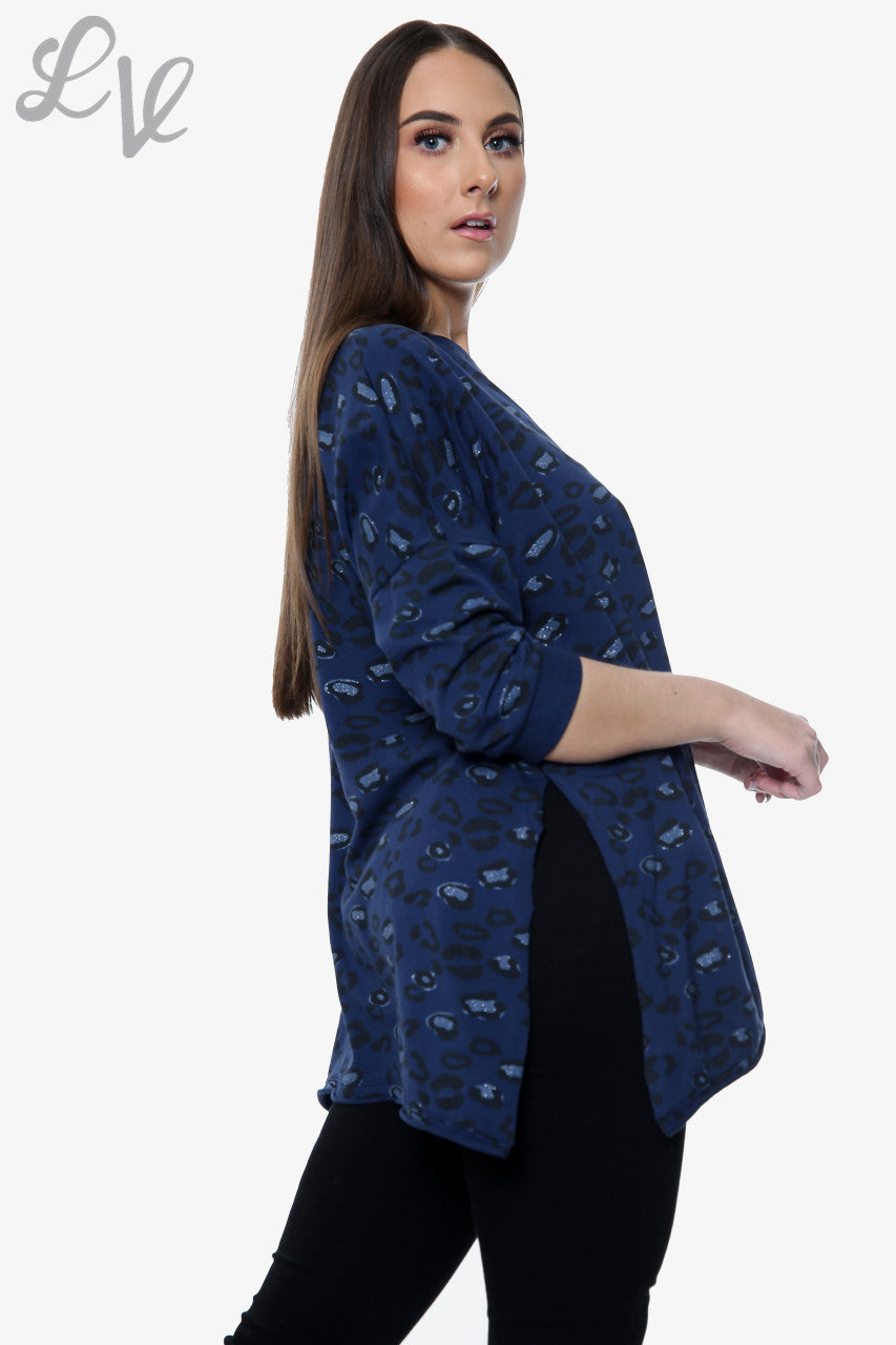 Ladies Leopard Print Drop Back Hem Sweatshirt Navy Unit Price WAS £10.99 NOW £5.49