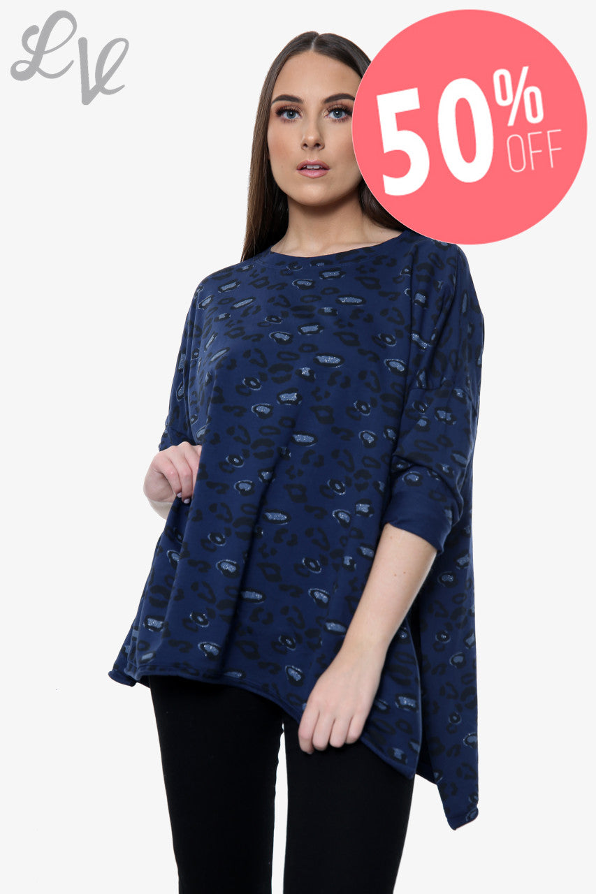 Ladies Leopard Print Drop Back Hem Sweatshirt Navy Unit Price WAS £10.99 NOW £5.49