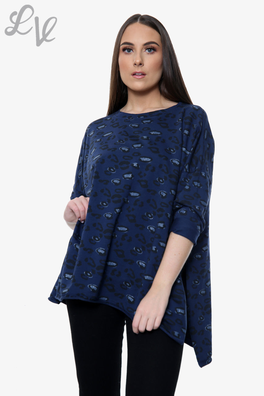 Ladies Leopard Print Drop Back Hem Sweatshirt Navy Unit Price WAS £10.99 NOW £5.49