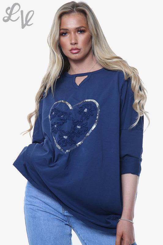 Ladies Applique Ruffle Foil Heart Sweatshirt Top Navy Unit Price £15.99