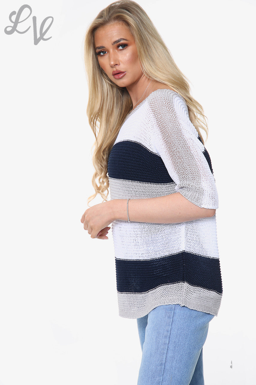 Ladies Colour Block Fine Knit Top Navy Unit Price WAS £10.99 NOW £5.49