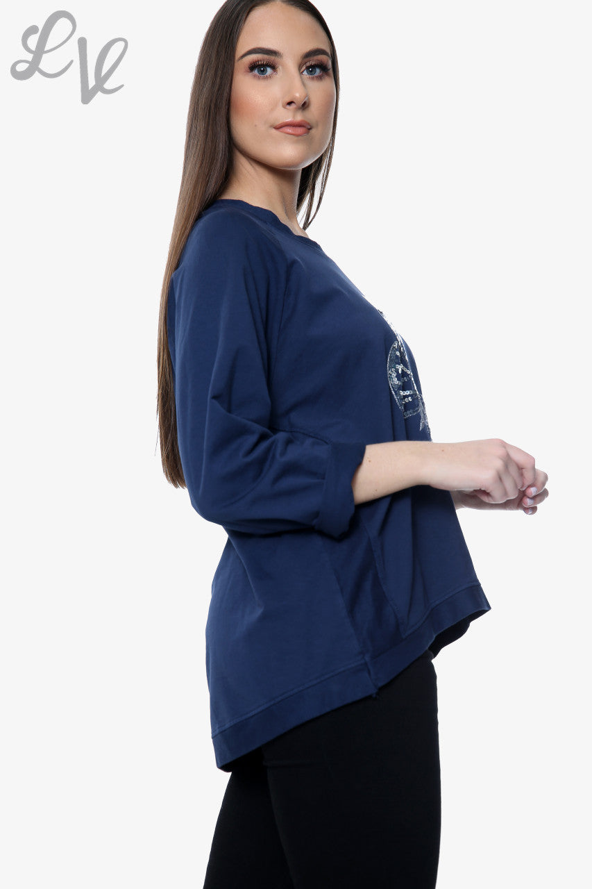 Dames Top met pailletten en vlinderdetail Marineblauw Eenheidsprijs €13,99