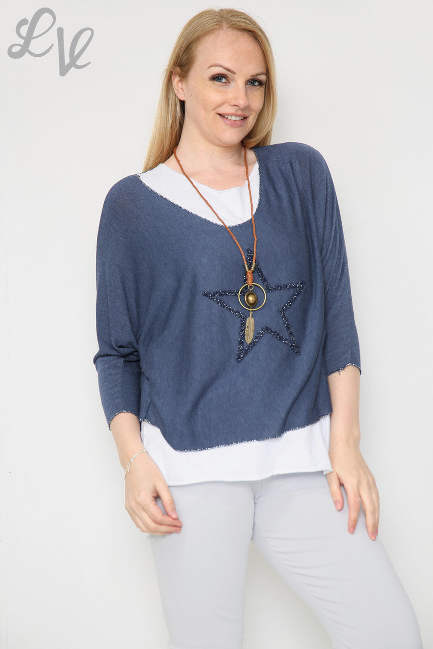 Dames Glitter Ster 2-Laags Top Met Ketting Marine Per stuk £10.99