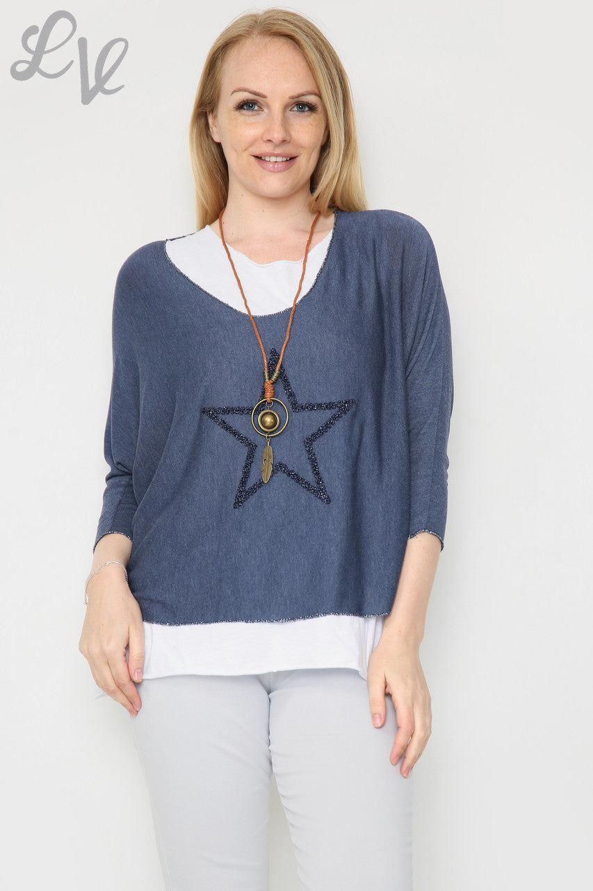 Dames Glitter Ster 2-Laags Top Met Ketting Marine Per stuk £10.99