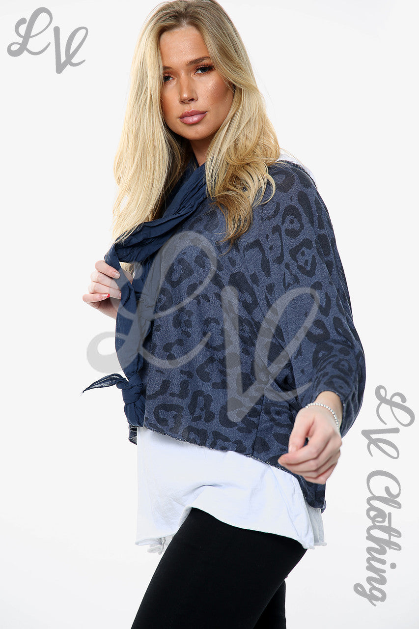 Dames Leopard Print 2-laags top met bijpassende sjaal marineblauw Prijs WAS €13,99 NU €6,99