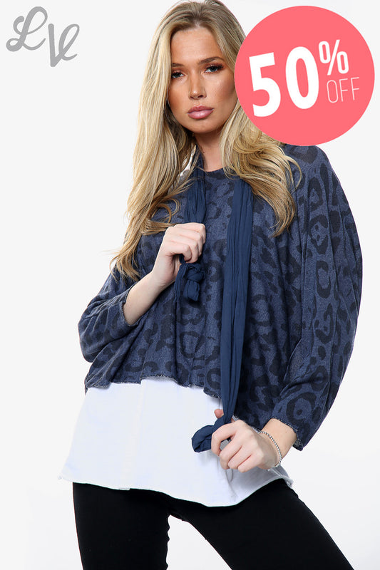 Ladies Leopard Print 2 Layer Top With Matching Scarf Navy Unit Price WAS £13.99 NOW £6.99