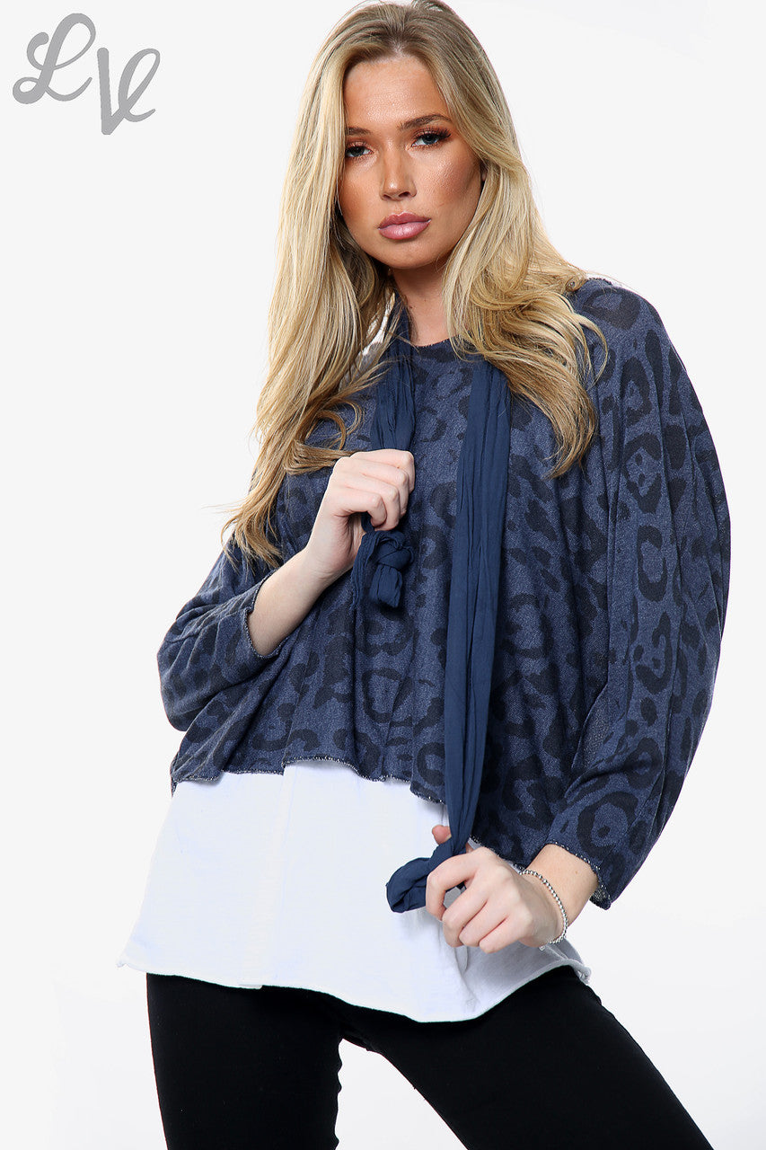 Dames Leopard Print 2-laags top met bijpassende sjaal marineblauw Prijs WAS €13,99 NU €6,99