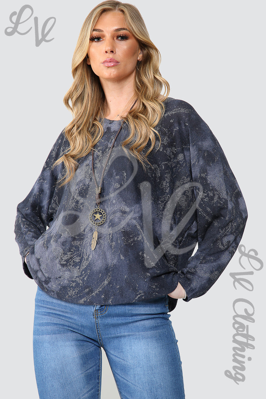 Dames Acid Wash Sparkle Effect Top Met Ketting Marine - Eenheidsprijs €10,99