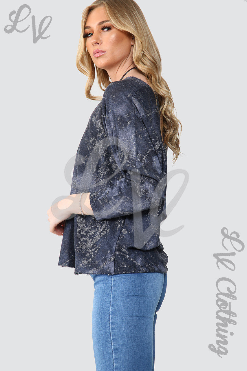 Dames Acid Wash Sparkle Effect Top Met Ketting Marine - Eenheidsprijs €10,99
