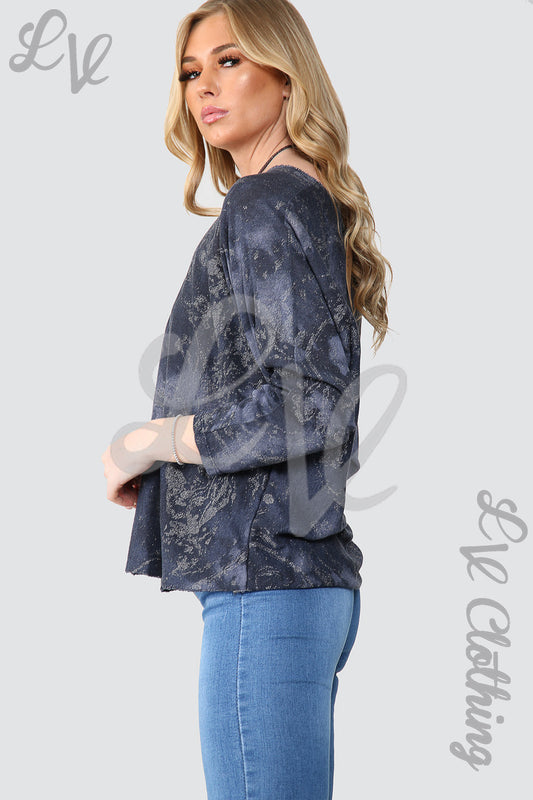 Navy acid-wash sparkle top with long sleeves and relaxed fit (side view)