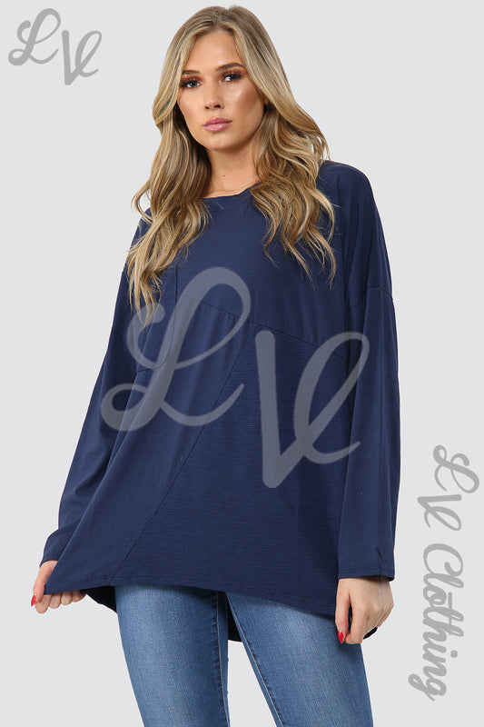 Navy ribbed front pocket top with long sleeves, relaxed fit