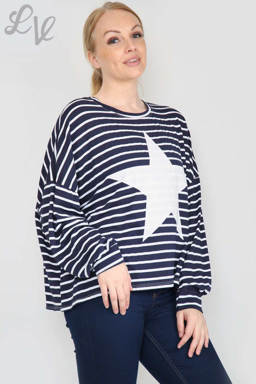 Dames Top Lange Mouwen Met Strepen En Sterren Marine Eenheidsprijs WAS €9,99 NU €5