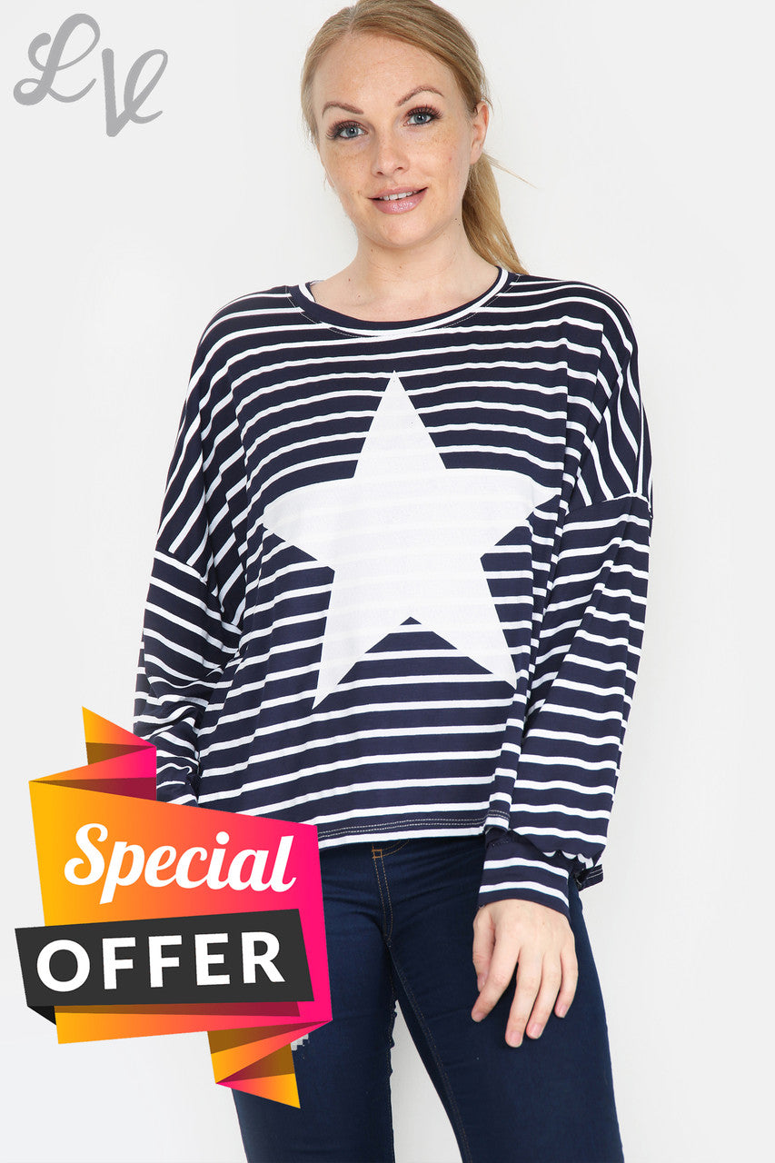 Dames Top Lange Mouwen Met Strepen En Sterren Marine Eenheidsprijs WAS €9,99 NU €5