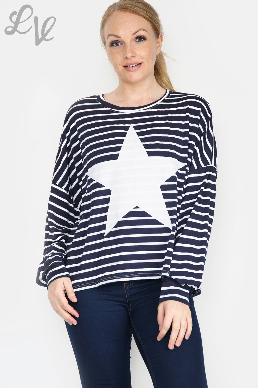 Dames Top Lange Mouwen Met Strepen En Sterren Marine Eenheidsprijs WAS €9,99 NU €5