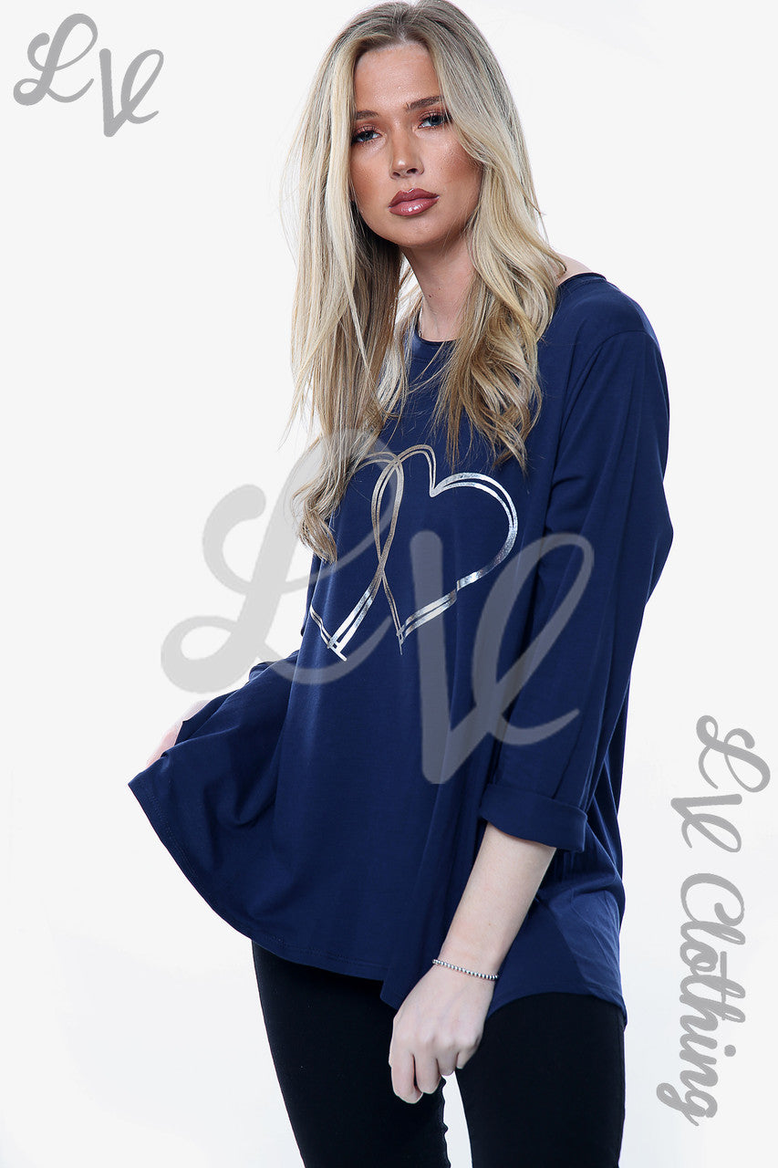 Ladies 2 Hearts Foil Graphic Top Navy Unit Price £6.99