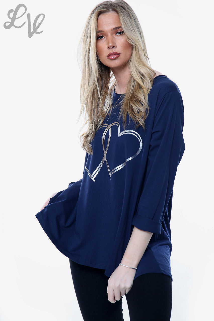 Ladies 2 Hearts Foil Graphic Top Navy Unit Price £6.99