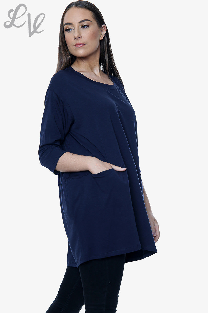Dames Effen Top Met Zakken Marine Eenheidsprijs €8,99