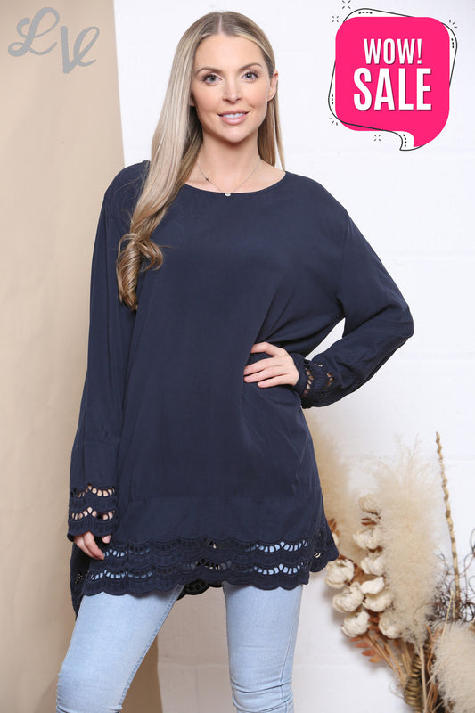 Ladies Lace Hem Bottom & Sleeves Top Navy