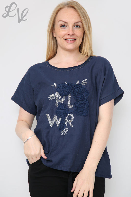 Ladies Flower Sequin & Applique Top Navy Unit Price £8.99