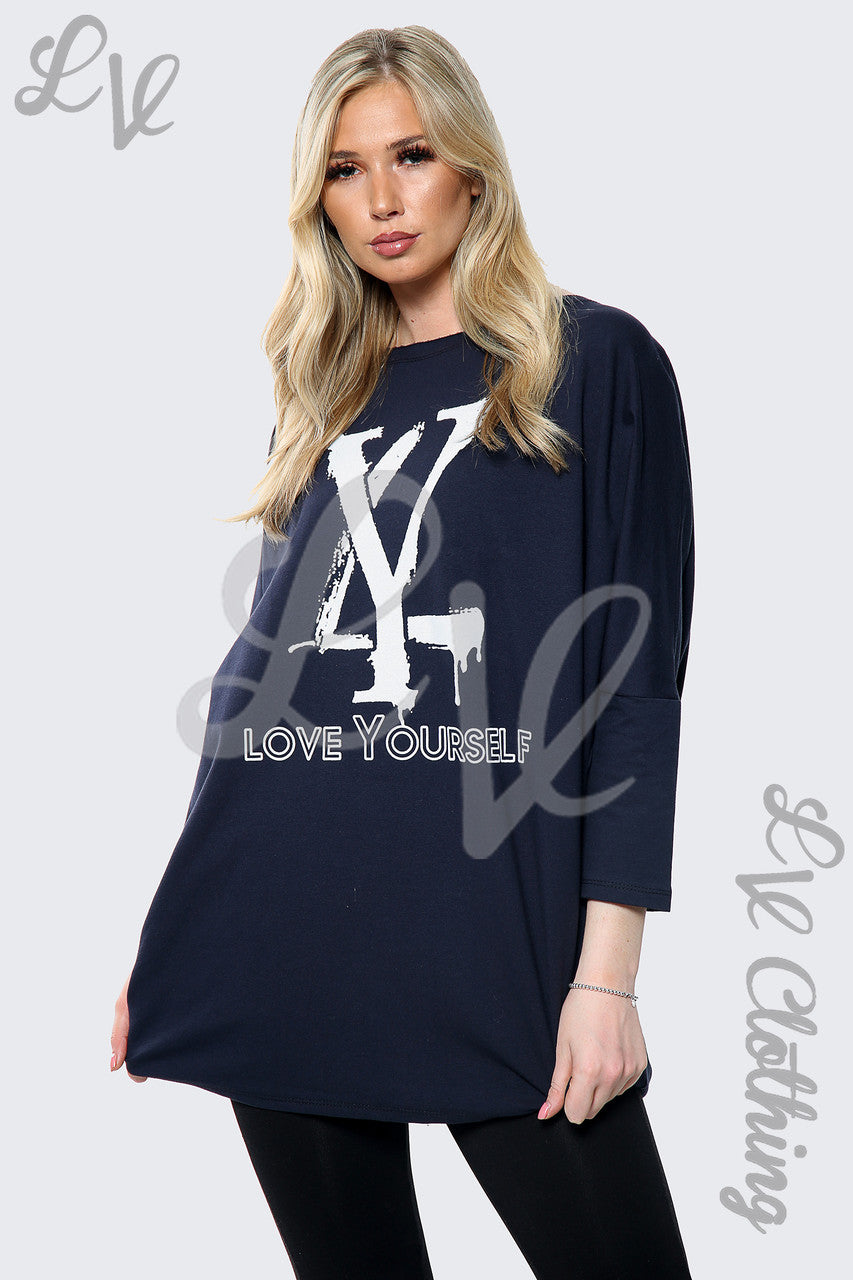 Dames "Love your Self" Slogan Sweatshirt Top Marineblauw Stukprijs €15,99