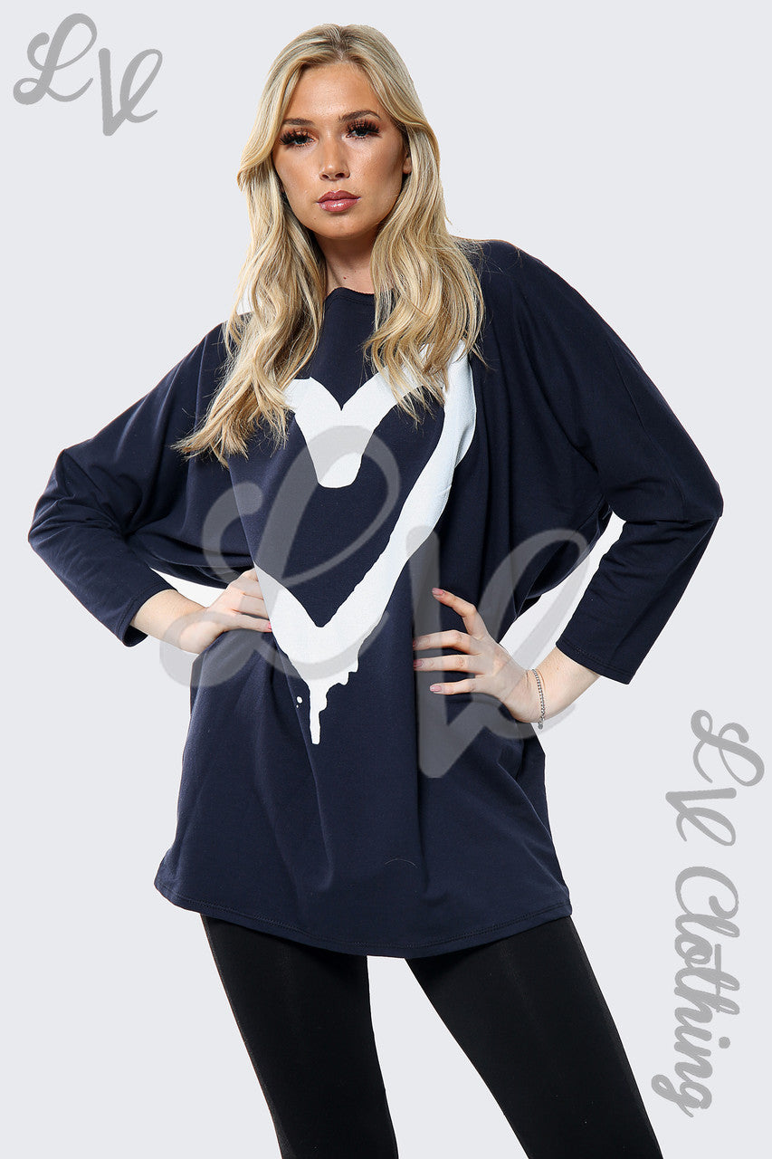 Dames "Heart Print NY" Slogan Top Navy Verkoopprijs € 15,99