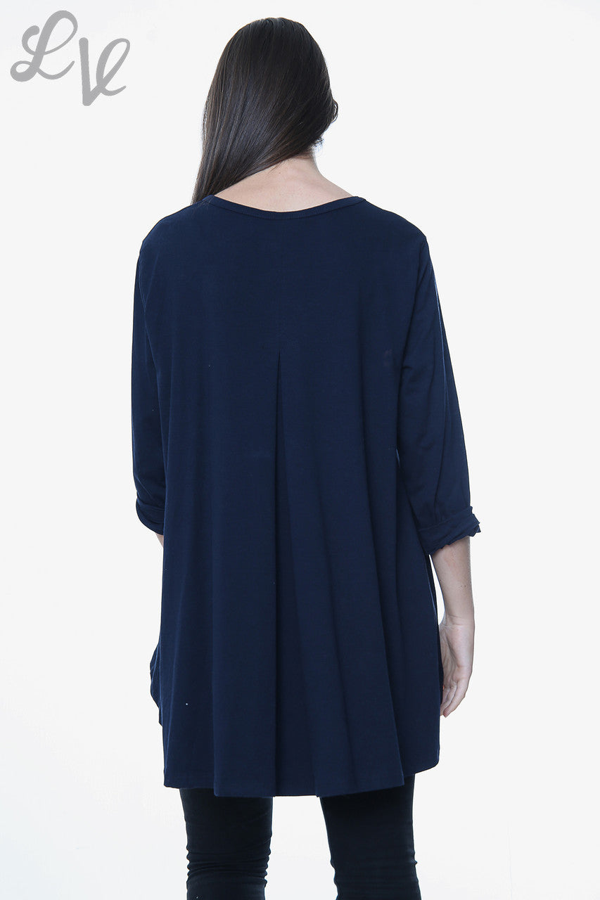 Dames effen top met wijde zoom, marineblauw, eenheidsprijs €9,99