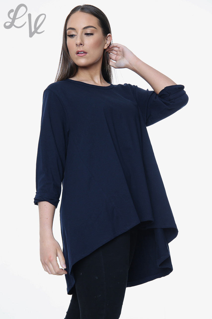 Dames effen top met wijde zoom, marineblauw, eenheidsprijs €9,99