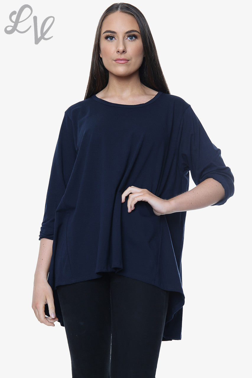 Dames effen top met wijde zoom, marineblauw, eenheidsprijs €9,99