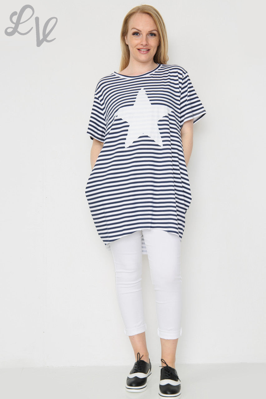 Ladies Short Sleeved Striped Star Top Navy Unit Price £8.99