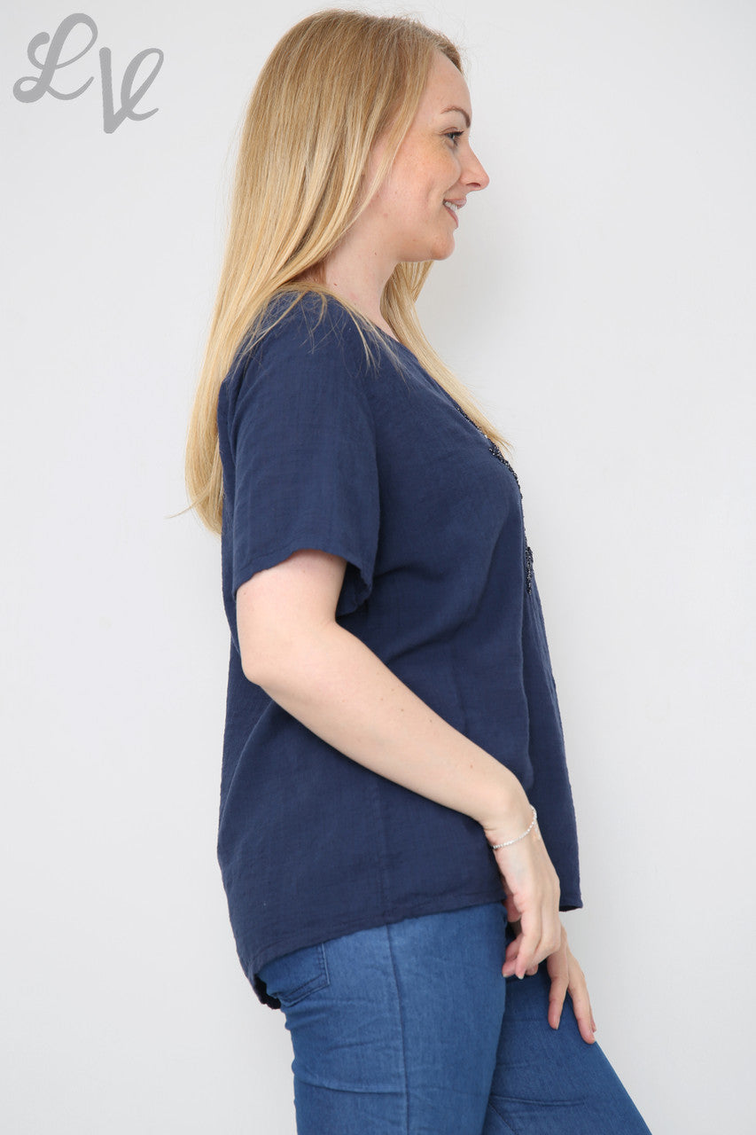 Ladies Star Sequin Top Navy