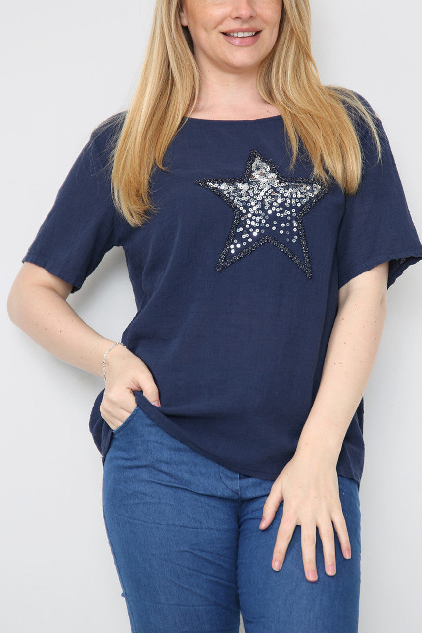 Ladies Star Sequin Top Navy