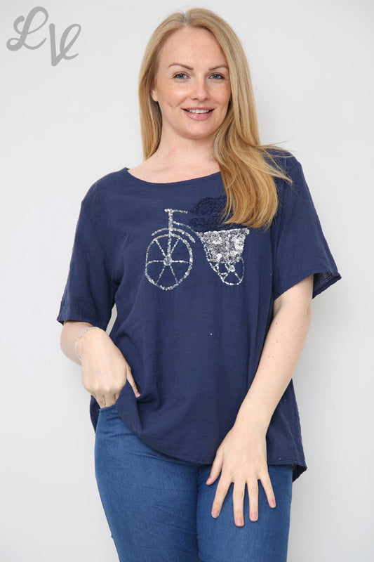 Ladies Bicycle Sequin Top Navy Unit Price £8.99