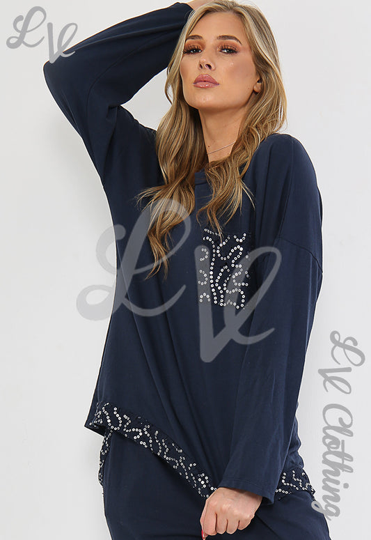 Navy ladies sequin-detail sweatshirt with chest embellishment and long sleeves